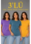 3’lü Kısa Kollu Bisiklet Yaka Basic Slim Fit T-Shirt - Mor - Petrol Mavisi - Hardal