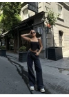 Arkadan Yırtmaçlı Jeans Kot Palazzo Pantolon - Siyah