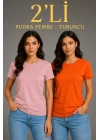 Basic Bisiklet Yaka Yazlık Slim Fit T-Shirt - Pudra Pembe - Turuncu