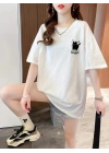 Baskılı Oversize Bisiklet Yaka T-shirt - Beyaz