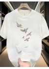 Baskılı Oversize Bisiklet Yaka T-shirt - Beyaz