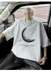 Baskılı Oversize Bisiklet Yaka T-shirt - Beyaz