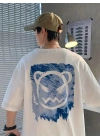 Baskılı Oversize Bisiklet Yaka T-shirt - Beyaz