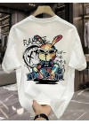 Baskılı Oversize Bisiklet Yaka T-shirt - Beyaz
