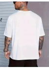 Baskılı Oversize Bisiklet Yaka T-shirt - Beyaz