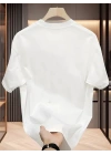 Baskılı Oversize Bisiklet Yaka T-shirt - Beyaz