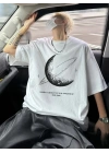 Baskılı Oversize Bisiklet Yaka T-shirt - Beyaz