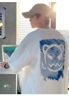 Baskılı Oversize Bisiklet Yaka T-shirt - Beyaz