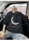 Baskılı Oversize Bisiklet Yaka T-shirt - Siyah