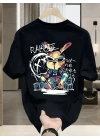 Baskılı Oversize Bisiklet Yaka T-shirt - Siyah
