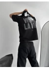 Baskılı Oversize Bisiklet Yaka T-shirt - Siyah