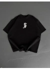 Baskılı Oversize Bisiklet Yaka T-shirt - Siyah