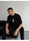 Baskılı Oversize Bisiklet Yaka T-shirt - Siyah
