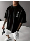 Baskılı Oversize Bisiklet Yaka T-shirt - Siyah