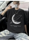 Baskılı Oversize Bisiklet Yaka T-shirt - Siyah