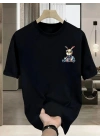 Baskılı Oversize Bisiklet Yaka T-shirt - Siyah
