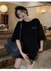 Baskılı Oversize Bisiklet Yaka T-shirt - Siyah