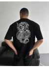 Baskılı Oversize Bisiklet Yaka T-shirt - Siyah