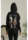Baskılı Oversize Üç İplik Kapüşonlu Sweatshirt - Siyah