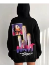 Baskılı Üç İplik Kapüşonlu Oversize Sweatshirt - Siyah