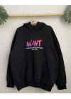 Baskılı Üç İplik Kapüşonlu Oversize Sweatshirt - Siyah