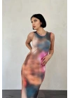 Bej Batik Desenli Elbise