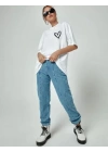 Bisiklet Yaka Baskılı Oversize T-Shirt - Beyaz