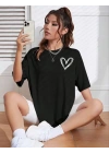 Bisiklet Yaka Baskılı Oversize T-Shirt - Siyah