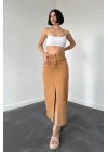 Camel Gabardin Boyamalı Püsküllü Etek