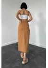 Camel Gabardin Boyamalı Püsküllü Etek