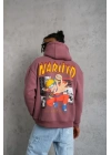 Erkek 3 İplik Pamuklu Kapüşonlu Baskılı Cepli Oversize Sweatshirt Hoodie - Gül Kurusu