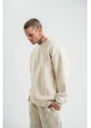 Erkek 3 İplik Pamuklu Yağ Yıkamalı Sweatshirt Double Oversize Bisiklet Yaka Uzun Kol - Krem