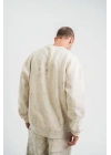Erkek 3 İplik Pamuklu Yağ Yıkamalı Sweatshirt Double Oversize Bisiklet Yaka Uzun Kol - Krem