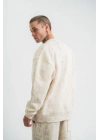Erkek 3 İplik Pamuklu Yağ Yıkamalı Sweatshirt Double Oversize Bisiklet Yaka Uzun Kol - Krem