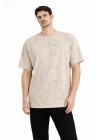 Erkek Asit Yıkama Bisiklet Yaka Kısa Kollu Oversize T-Shirt Tişört - Bej