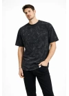 Erkek Asit Yıkama Bisiklet Yaka Kısa Kollu Oversize T-Shirt Tişört - Siyah