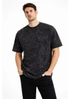 Erkek Asit Yıkama Bisiklet Yaka Kısa Kollu Oversize T-Shirt Tişört - Siyah