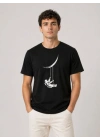 Erkek Astronot Ay Temalı Tişört Kısa Kol Yazlık Bisiklet Yaka T-Shirt - Siyah