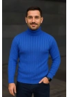 Erkek Balıkcı Yaka Bağazlı Triko Kazak Pamuklu Kalın Fitilli Dokuma, Regular Fit Uzun Kollu Kışlık Model - Saks Mavisi