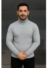 Erkek Balıkcı Yaka Bağazlı Triko Kazak Pamuklu Kalın Fitilli Dokuma, Regular Fit Uzun Kollu Kışlık Model - Gri