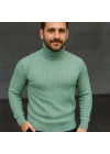 Erkek Balıkcı Yaka Bağazlı Triko Kazak Pamuklu Kalın Fitilli Dokuma, Regular Fit Uzun Kollu Kışlık Model - Mint Yeşili