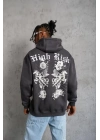 Erkek Baskılı Kapşonlu Sweat - Füme