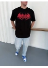 Erkek Baskılı T-Shirt Yazlık Kısa Kol Bisiklet Yaka Rahat Kalıp Tişört - Siyah