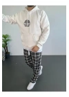 Erkek Baskılı Üç İplik Kapüşonlu Oversize Sweatshirt - Beyaz