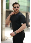 Erkek Bisiklet Yaka çizgi Desenli Ribanalı Kısa Kollu Tshirt