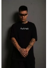 Erkek Bisiklet Yakalı Sırt Baskılı Oversize T-Shirt - Siyah