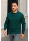 Erkek Bisiklet Yuvarlak Yaka Triko Kazak Pamuklu Kalın Fitilli Dokuma, Regular Fit Uzun Kollu Kışlık Model - Haki