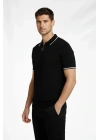Erkek Fermuarlı Yaka Fitilli Triko Kısa Kollu Regular Fit Tişört T-shirt - Siyah