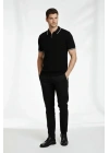 Erkek Fermuarlı Yaka Fitilli Triko Kısa Kollu Regular Fit Tişört T-shirt - Siyah