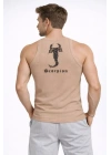Erkek Fitilli Atlet Sıfır Yaka Slim Fit Arka Baskılı Spor Atlet - Bej